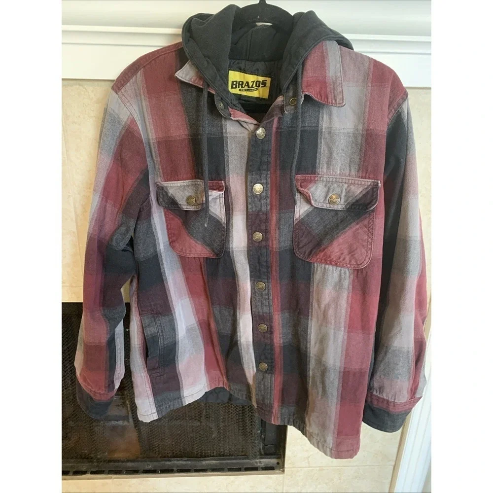 Brazos Work Force Flannel Jacket Men's LARGE Plaid Red And Black ,B Hoodie Lined